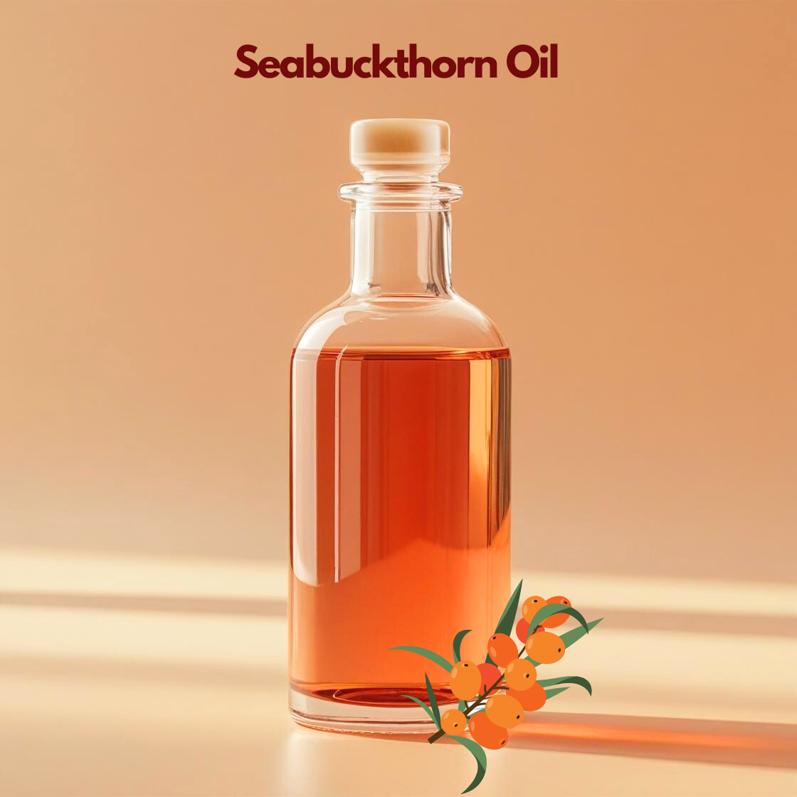 Seabuckthorn oil in clear glass bottle with bright orange berries, nutrient-rich carrier oil from our carrier oil collection used for skin repair serums, anti-aging creams, and natural cosmetic formulations.