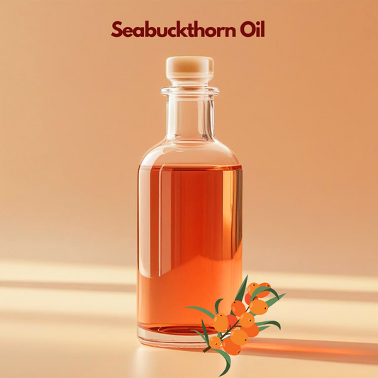 Seabuckthorn oil in clear glass bottle with bright orange berries, nutrient-rich carrier oil from our carrier oil collection used for skin repair serums, anti-aging creams, and natural cosmetic formulations.