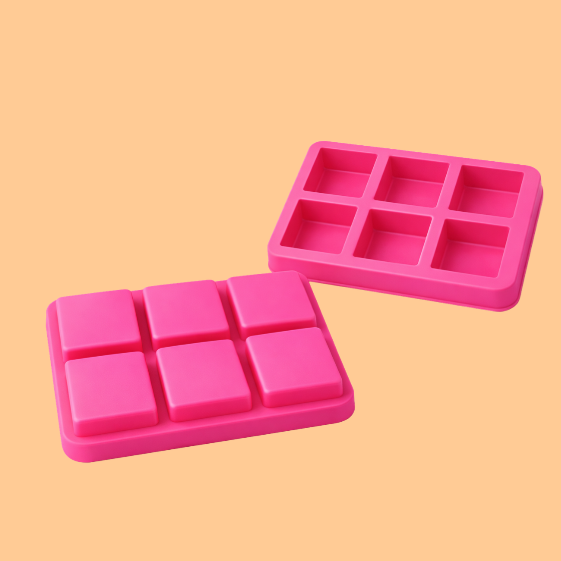 Two pink silicone rectangular soap mould trays displayed diagonally  in different position one showing front side and one showing back side, reusable mold used for DIY soap making, bath soap production and artisan cosmetic soap manufacturing.