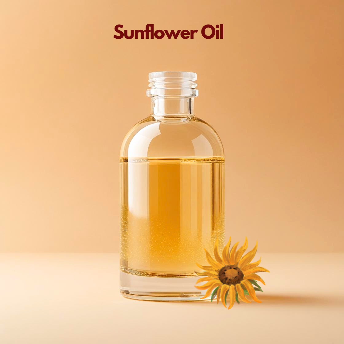 Sunflower oil in a clear glass bottle with golden liquid and sunflower flower illustration, lightweight carrier oil from our carrier oil collection ideal for moisturizing creams, massage oils, and cosmetic formulations.