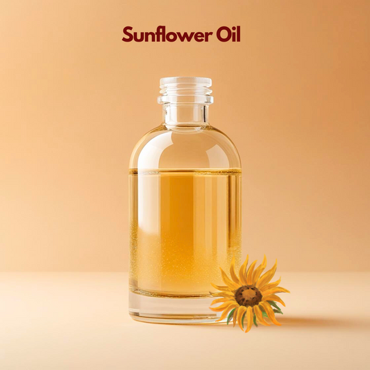 Sunflower oil in a clear glass bottle with golden liquid and sunflower flower illustration, lightweight carrier oil from our carrier oil collection ideal for moisturizing creams, massage oils, and cosmetic formulations.