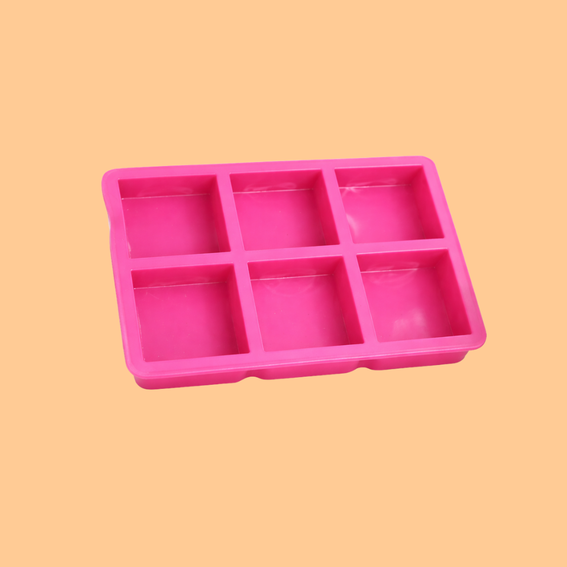 Pink silicone rectangular soap mould tray with six deep rectangular cavities designed for handmade soap bars, flexible silicone mold used for melt and pour soap making, cold process soap crafting, and cosmetic product manufacturing.