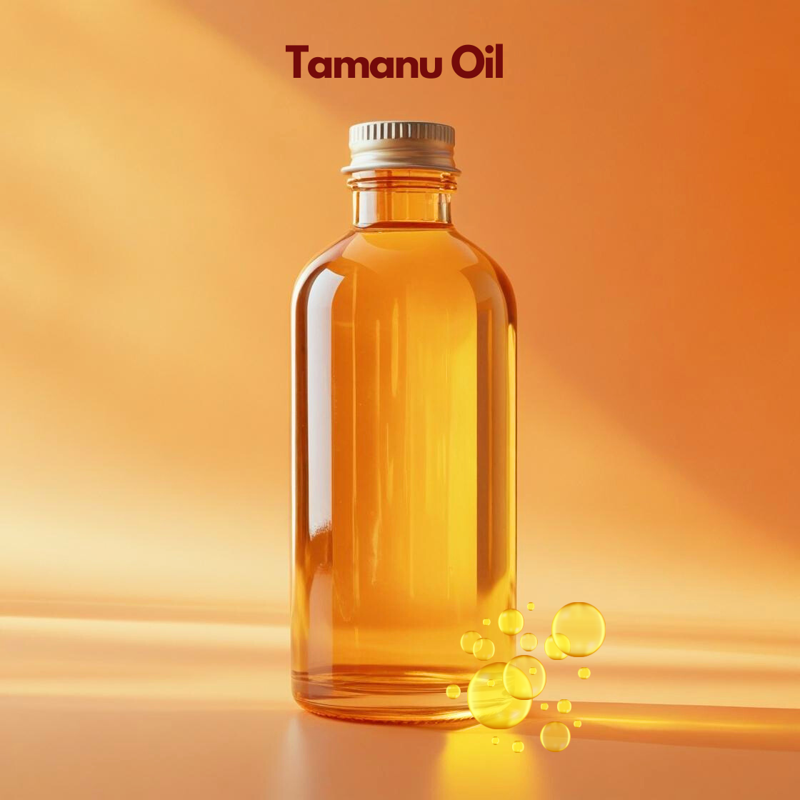 Tamanu oil in amber glass bottle with golden oil droplets, nourishing carrier oil from our carrier oil collection used for skin repair serums, acne care products, and natural skincare formulations.