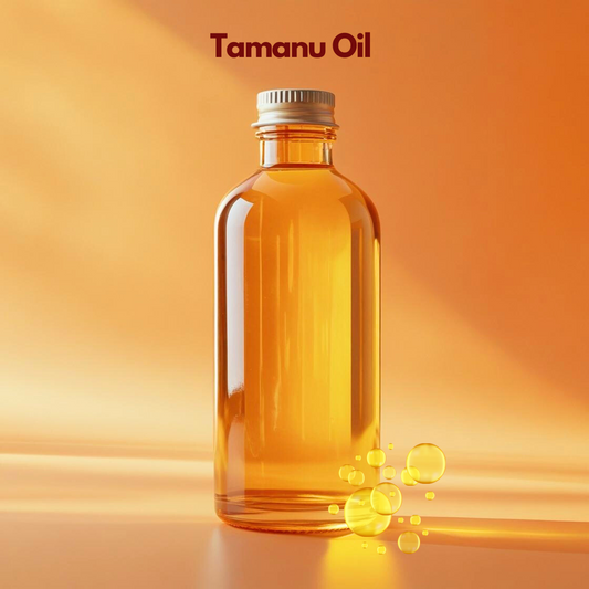 Tamanu oil in amber glass bottle with golden oil droplets, nourishing carrier oil from our carrier oil collection used for skin repair serums, acne care products, and natural skincare formulations.