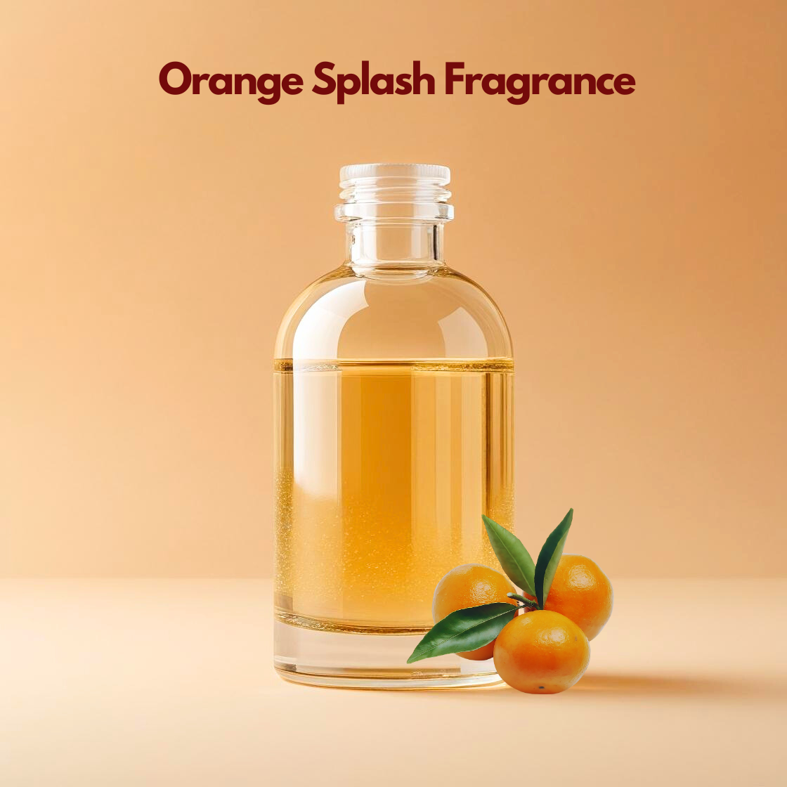 Clear glass bottle filled with golden oil labeled Orange Splash Fragrance placed on a warm beige background with fresh oranges and green leaves at the base. This oil soluble citrus fragrance oil is ideal for soaps, candles, perfumes, and cosmetic formulations, adding a bright, refreshing orange aroma to personal care products.