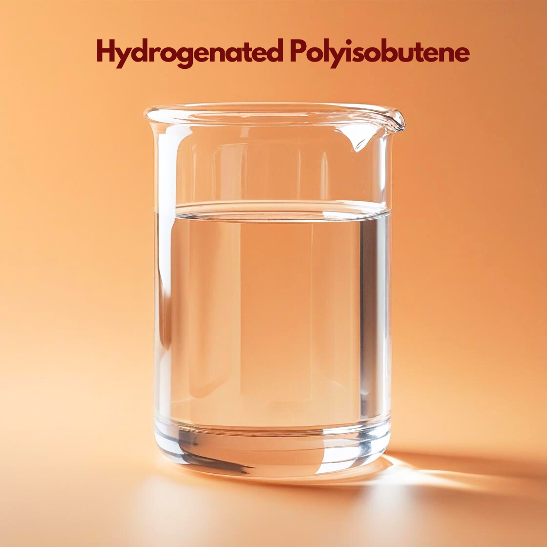 A clear glass laboratory beaker filled with Hydrogenated Polyisobutene, a crystal clear, colorless liquid that resembles water. The beaker is set against a soft peach background, with light creating a bright reflection on its surface. The product title "Hydrogenated Polyisobutene" is featured at the top in maroon.