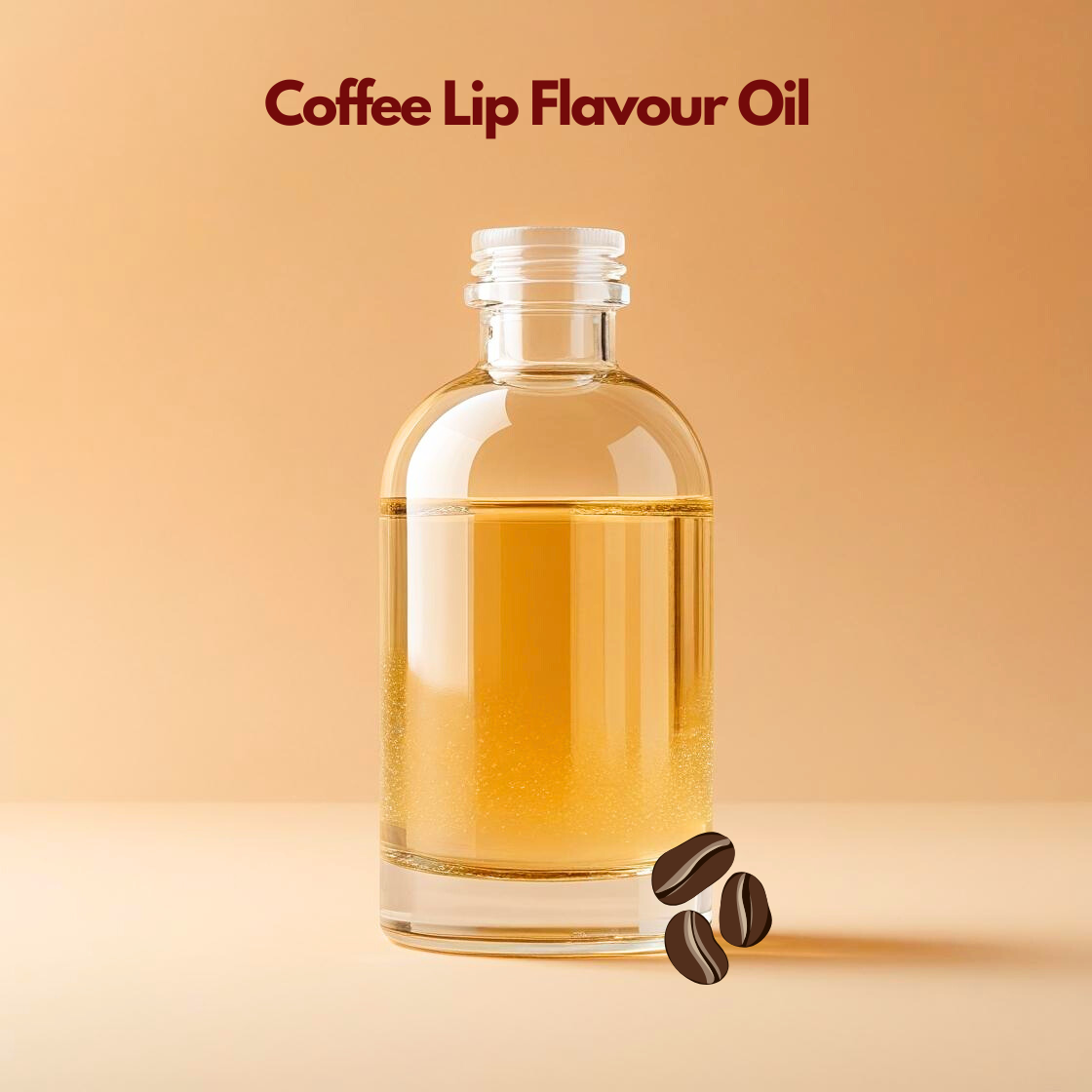 Clear glass bottle filled with golden liquid labeled "Coffee Lip Flavour Oil" on a beige background, accompanied by illustrations of coffee beans.