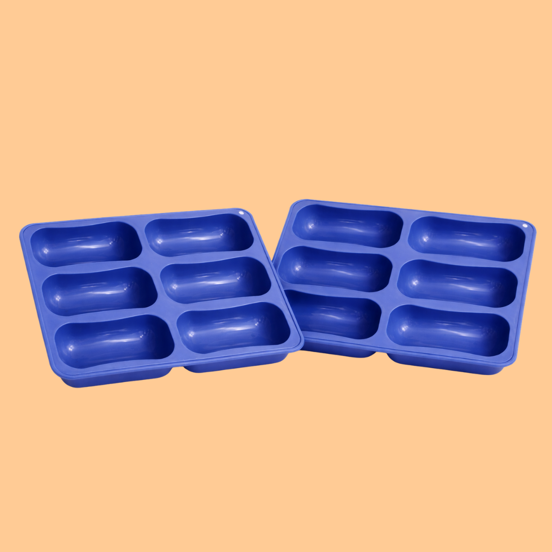 Two blue silicone soap mould trays with six oval soap cavities each displayed at different angles, flexible silicone mold designed for handmade soap production, DIY soap crafting, bath bar manufacturing and cosmetic product making.