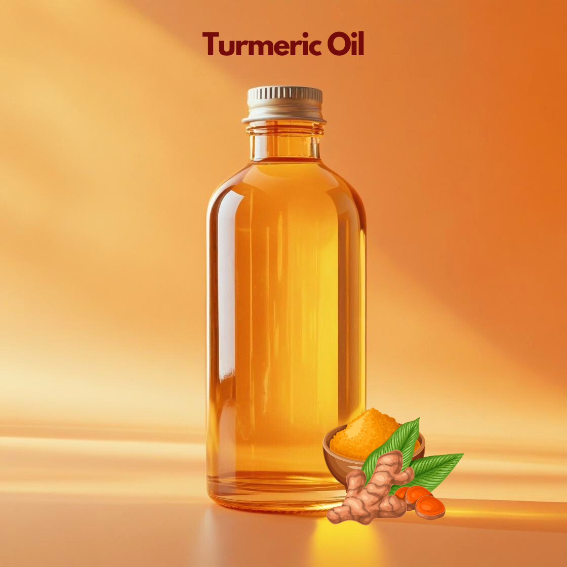 Turmeric oil in clear bottle with turmeric root and powder illustration, antioxidant rich carrier oil from our carrier oil collection suitable for brightening creams, herbal skincare and cosmetic formulations.