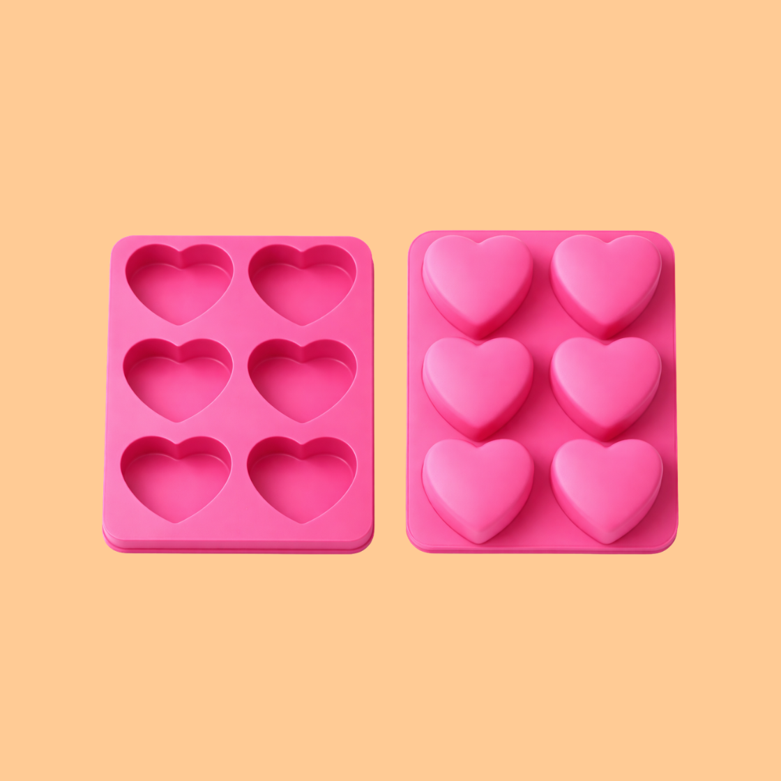 Two pink silicone heart soap mould trays showing cavity side and finished soap side with six heart shaped soap bars, reusable mold used for handmade soap crafting, DIY bath product making, melt and pour soap production, and cosmetic soap manufacturing.