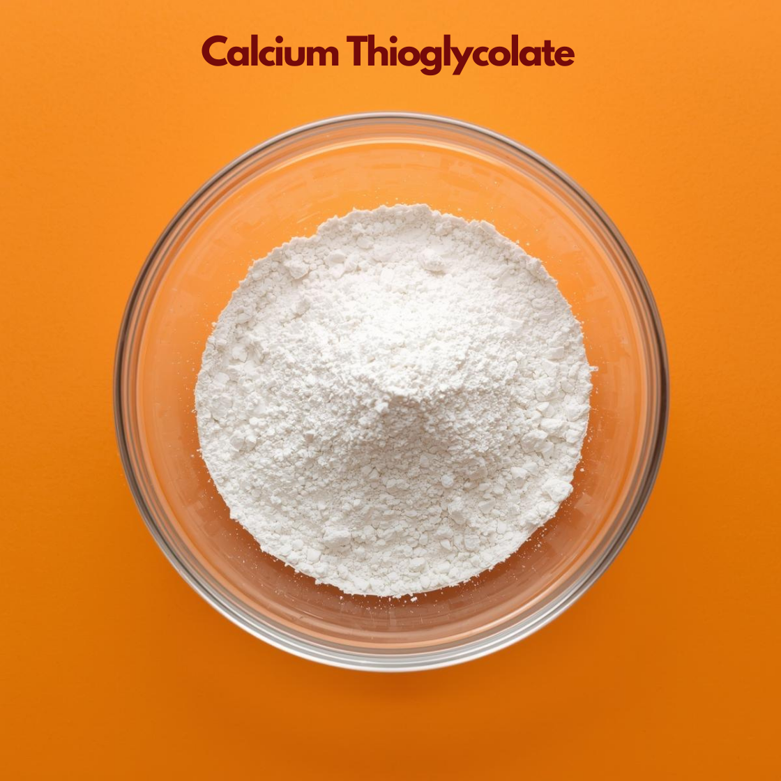 A transparent bowl displays a dense mound of white calcium thioglycolate powder, neatly shaped into a rounded peak. The fine texture appears slightly compact and smooth against the bright orange surface. This cosmetic ingredient is commonly used in skincare formulations.