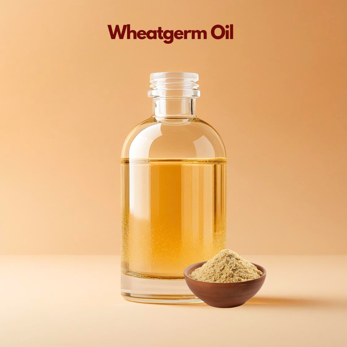Wheatgerm oil in clear glass bottle with bowl of wheat germ powder, vitamin E rich carrier oil from our carrier oil collection used for skin repair creams, body oils and haircare formulations.