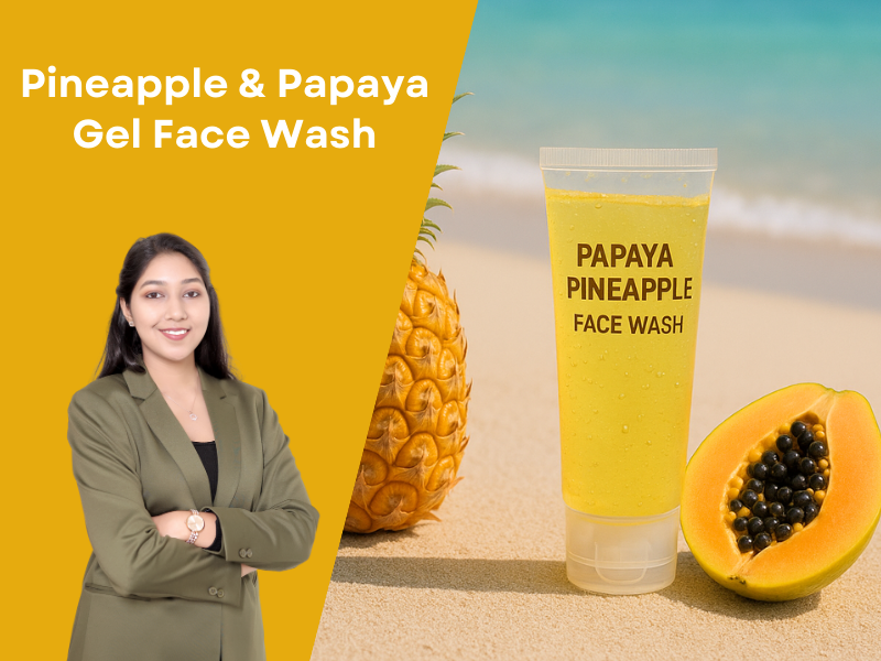 A refreshing graphic for a "Papaya Pineapple Face Wash" tube. The tube is clear, showing a bright yellow gel, and is placed on a beach next to a whole pineapple and a sliced open papaya with black seeds. A female professional formulator is pictured on the left against a mustard yellow background.