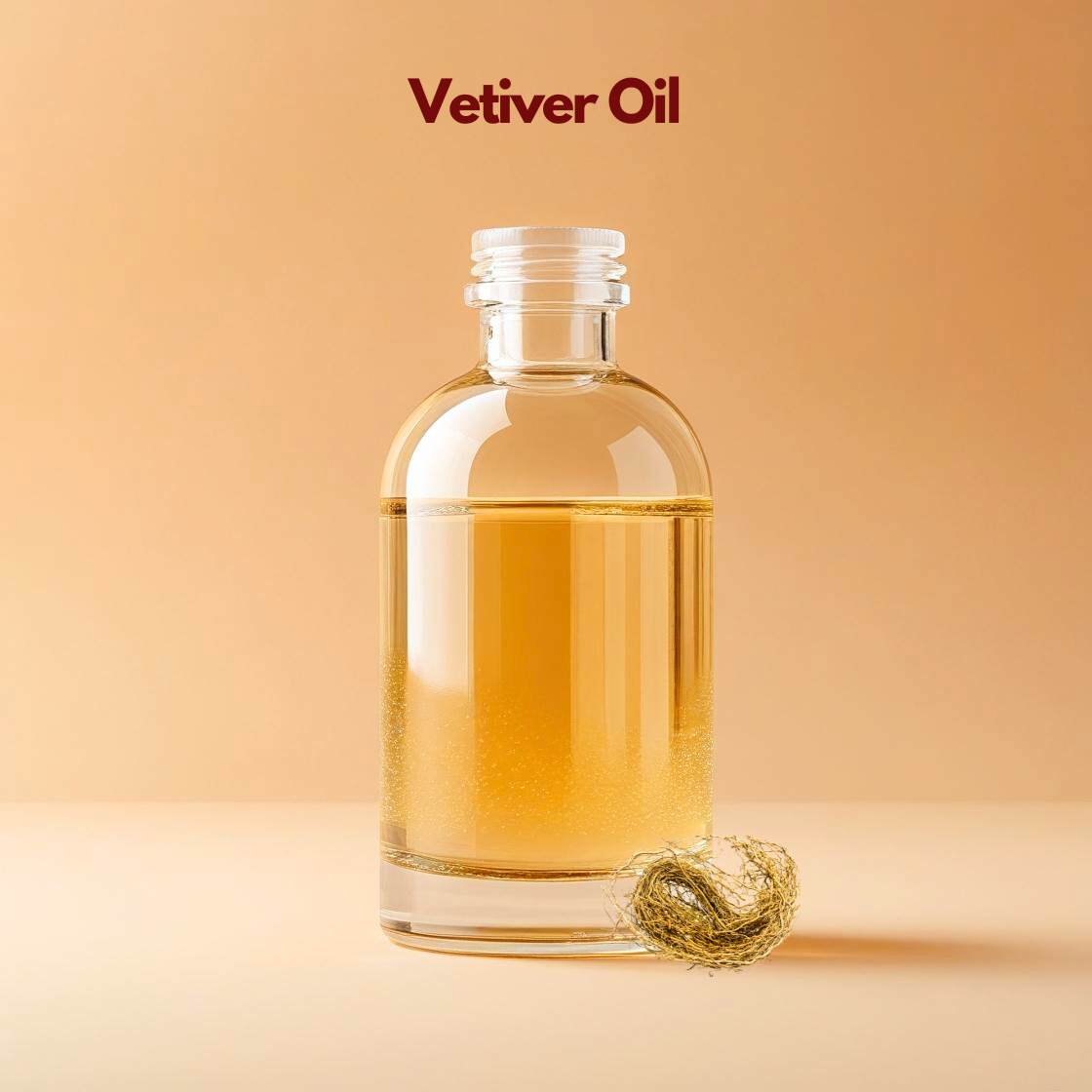 Vetiver oil in clear glass bottle with dried vetiver roots, earthy herbal carrier oil from our carrier oil collection ideal for scalp treatments, calming skincare products and natural cosmetic formulations.