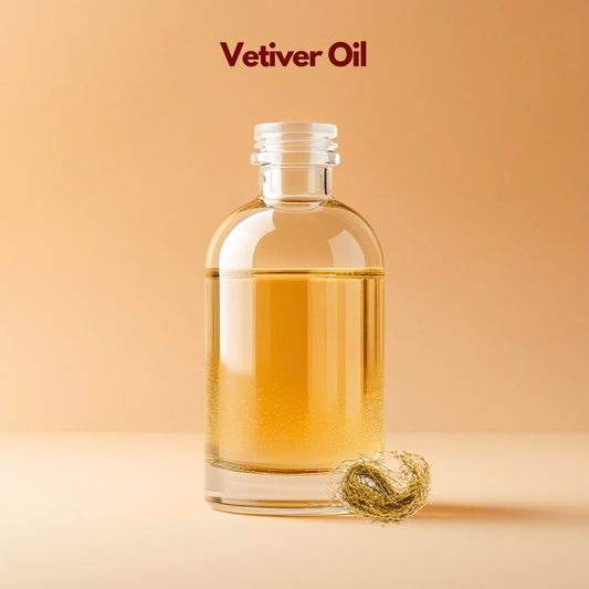 Vetiver oil in clear glass bottle with dried vetiver roots, earthy herbal carrier oil from our carrier oil collection ideal for scalp treatments, calming skincare products and natural cosmetic formulations.