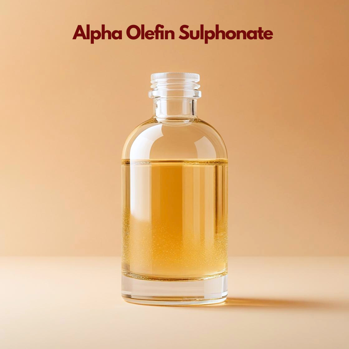 Clear bottle filled with golden liquid labeled Alpha Olefin Sulphonate displayed on a soft beige background. High foaming anionic surfactant used in shampoos, body washes, and liquid cleansers for deep cleansing performance.