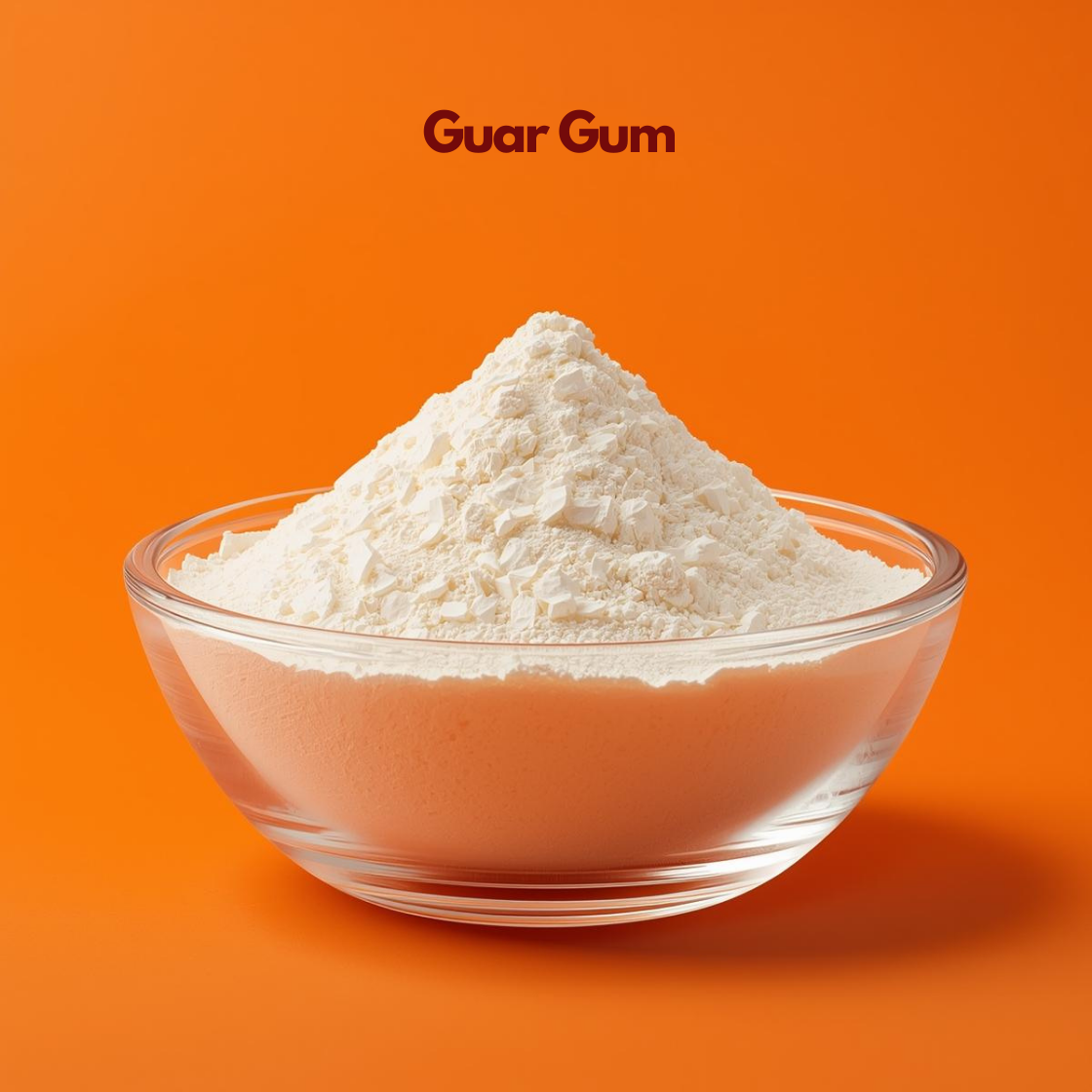 A high mound of pale cream-colored Guar Gum powder with a fine, flour-like consistency inside a clear glass bowl. The bowl is centered on a bold orange surface. The text "Guar Gum" is displayed at the top in a professional dark maroon font.