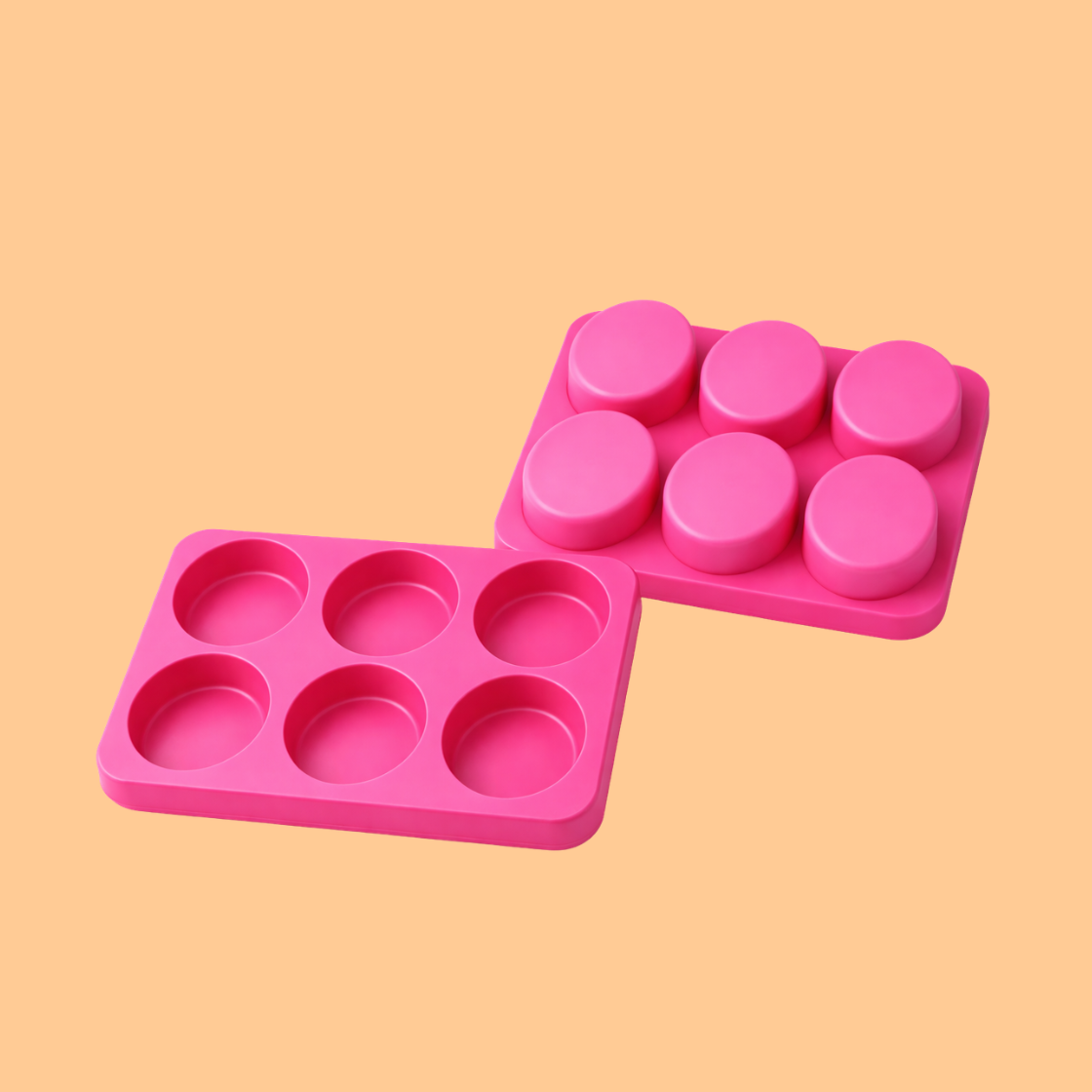  Two pink silicone soap mould trays showing cavity side and finished soap shape side with oval, round, and soap forms, flexible mold used for handmade soap production and DIY bath product crafting.

