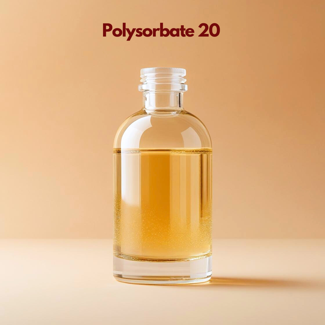 Clear glass bottle filled with golden liquid labeled "Polysorbate 20" displayed on a warm neutral background. Polysorbate 20 is a cosmetic solubilizer used in skincare and personal care formulations to help disperse essential oils fragrances and oil based ingredients in water.