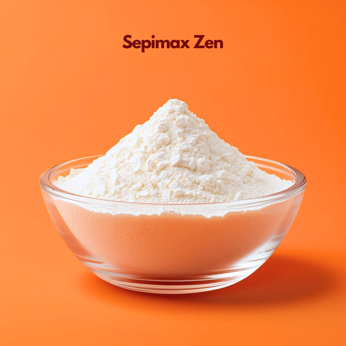 Glass bowl containing a mound of fine white "Sepimax Zen" powder labeled Sepimax Zen placed on an orange background. Sepimax Zen is a cosmetic rheology modifier used in skincare formulations to create stable gels creams and smooth product texture.