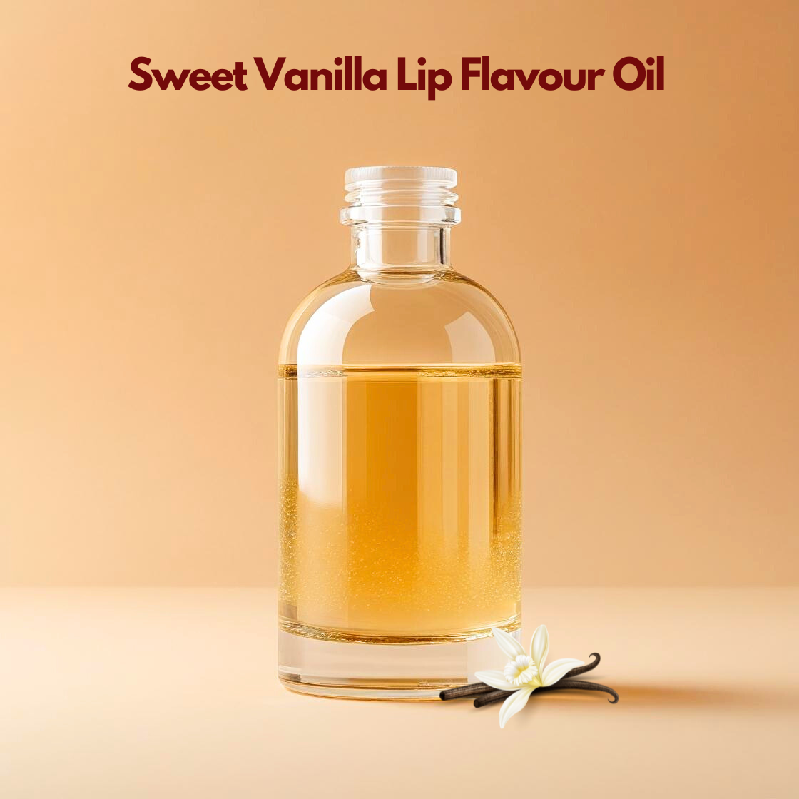 A clear bottle filled with golden liquid labeled "Sweet Vanilla Lip Flavour Oil" sits on a soft beige background. A vanilla flower and pod accent the base.