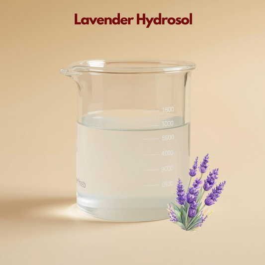 Glass beaker containing clear liquid labeled Lavender Hydrosol with purple lavender flowers illustrated at the base. This lavender hydrosol botanical toner emphasizes calming and soothing facial mist benefits.