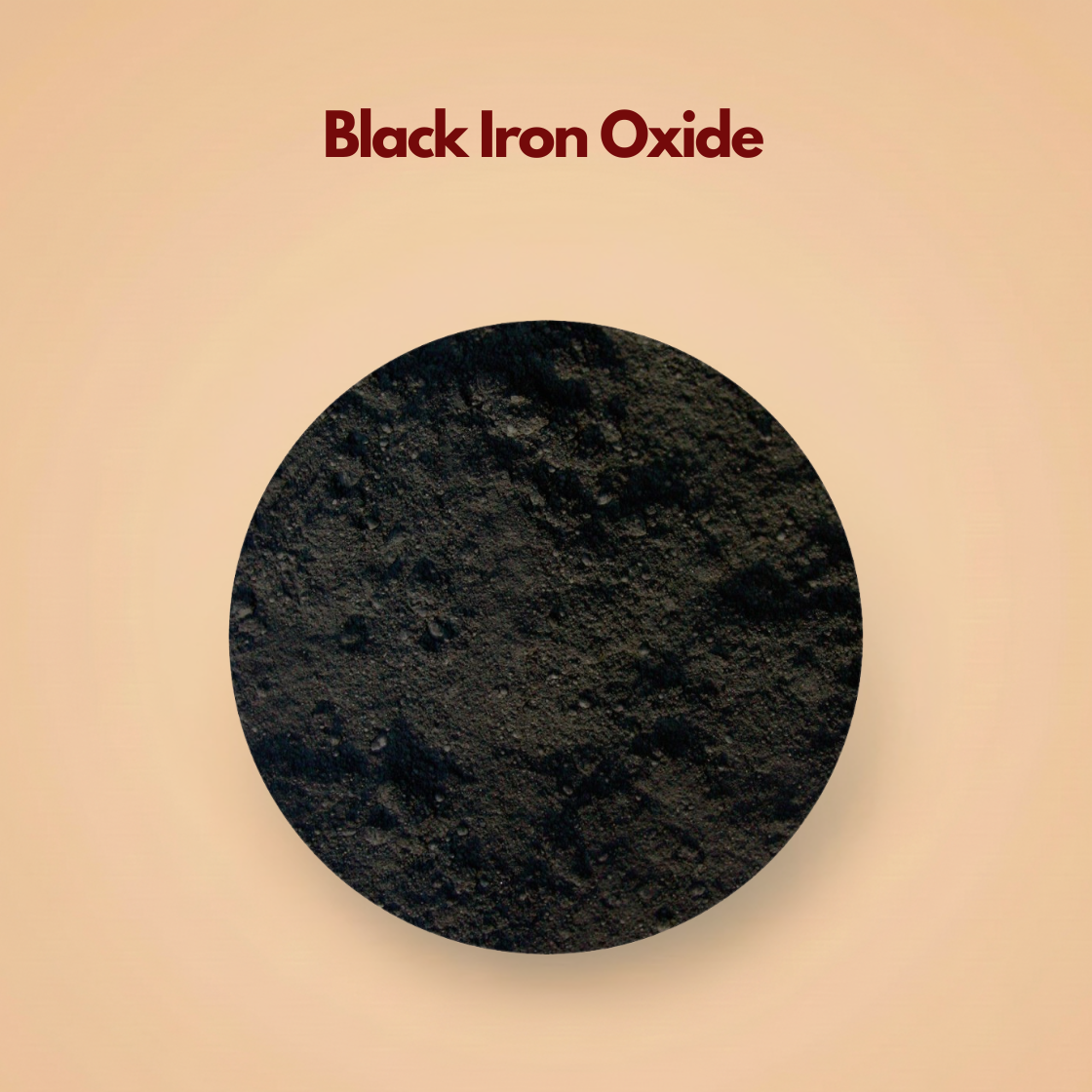Top view of black iron oxide pigment powder forming a dark matte mineral surface with a slightly rough and natural texture. The deep charcoal black tone appears highly concentrated and finely milled. This black iron oxide pigment powder is used in eyeliners, mascaras and mineral makeup formulations.