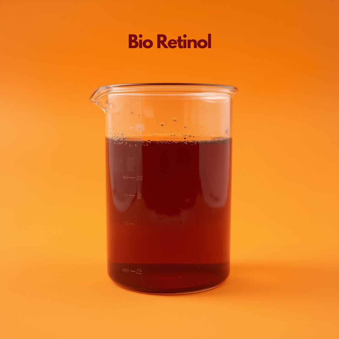 A clear glass beaker filled with a dark, concentrated reddish brown liquid known as Bio Retinol. Small air bubbles are visible near the surface of the liquid. The background is a vibrant, solid orange. The text "Bio Retinol" is featured at the top in bold maroon.
