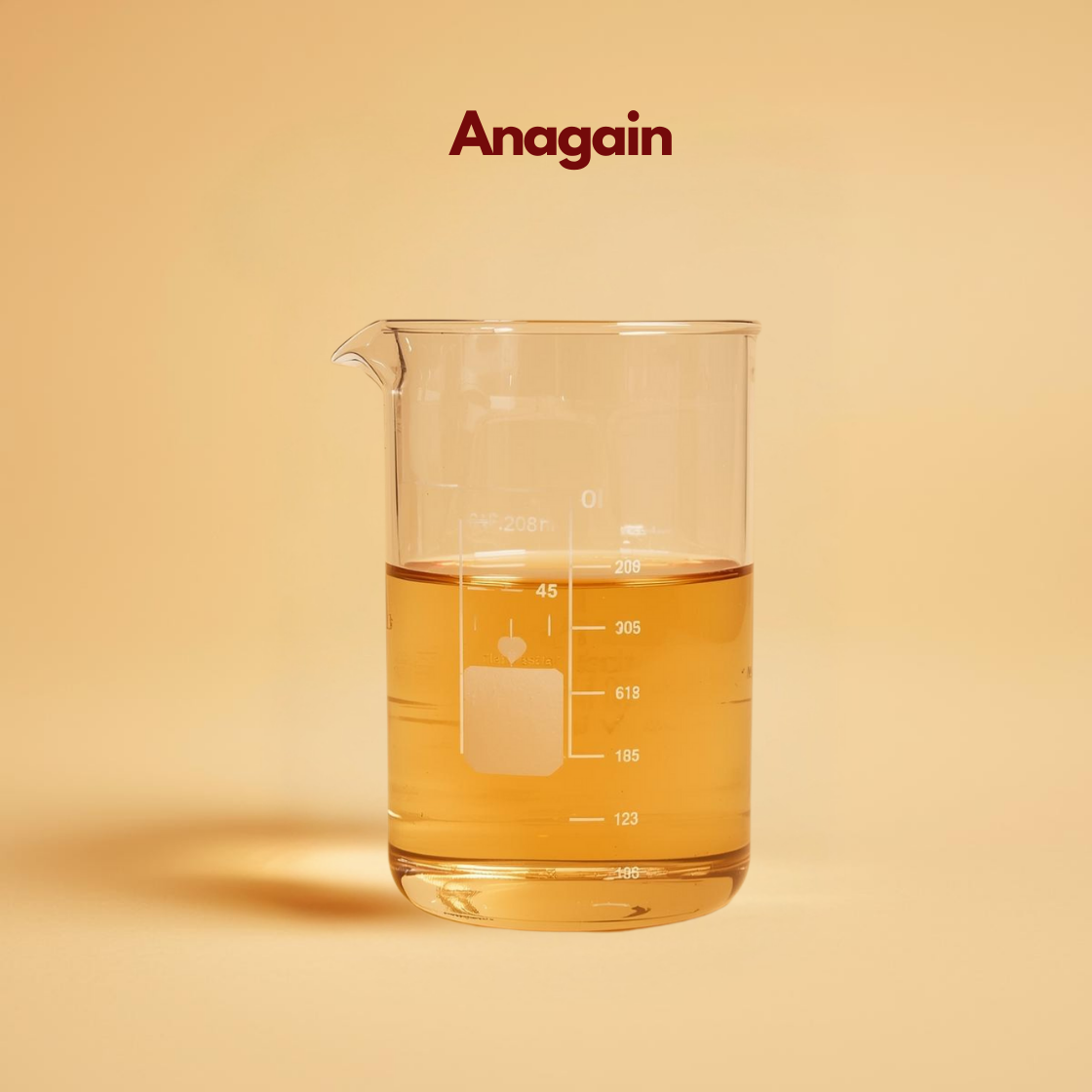 A clear glass laboratory beaker filled halfway with Anagain, a transparent liquid with a light golden-amber hue. The beaker has white measurement markings on the side and sits against a soft, pale yellow-beige background. The text "Anagain" is centered at the top in a bold maroon font.
