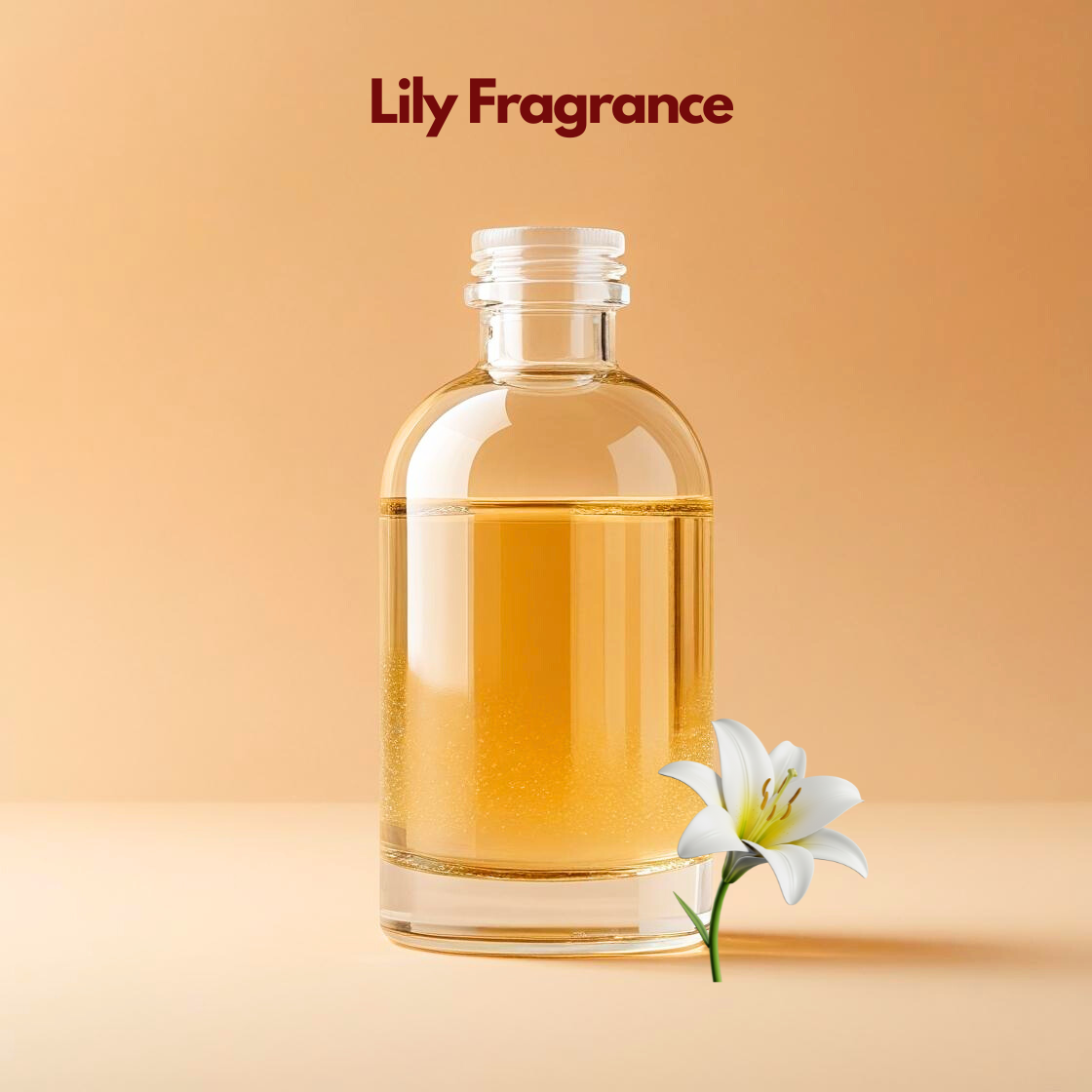 Clear fragrance bottle labeled Lily Fragrance with a white lily flower placed at the base. This oil soluble fragrance for cosmetics captures a soft floral aroma ideal for soaps, creams, and body care products.