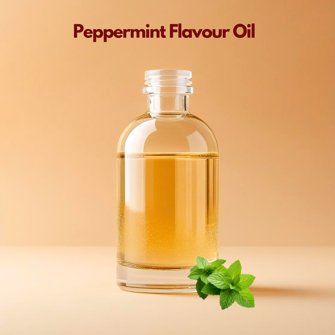 A clear bottle of amber peppermint lip flavor oil sits against a warm beige background. Green mint leaves are at the base. The mood is fresh and aromatic.