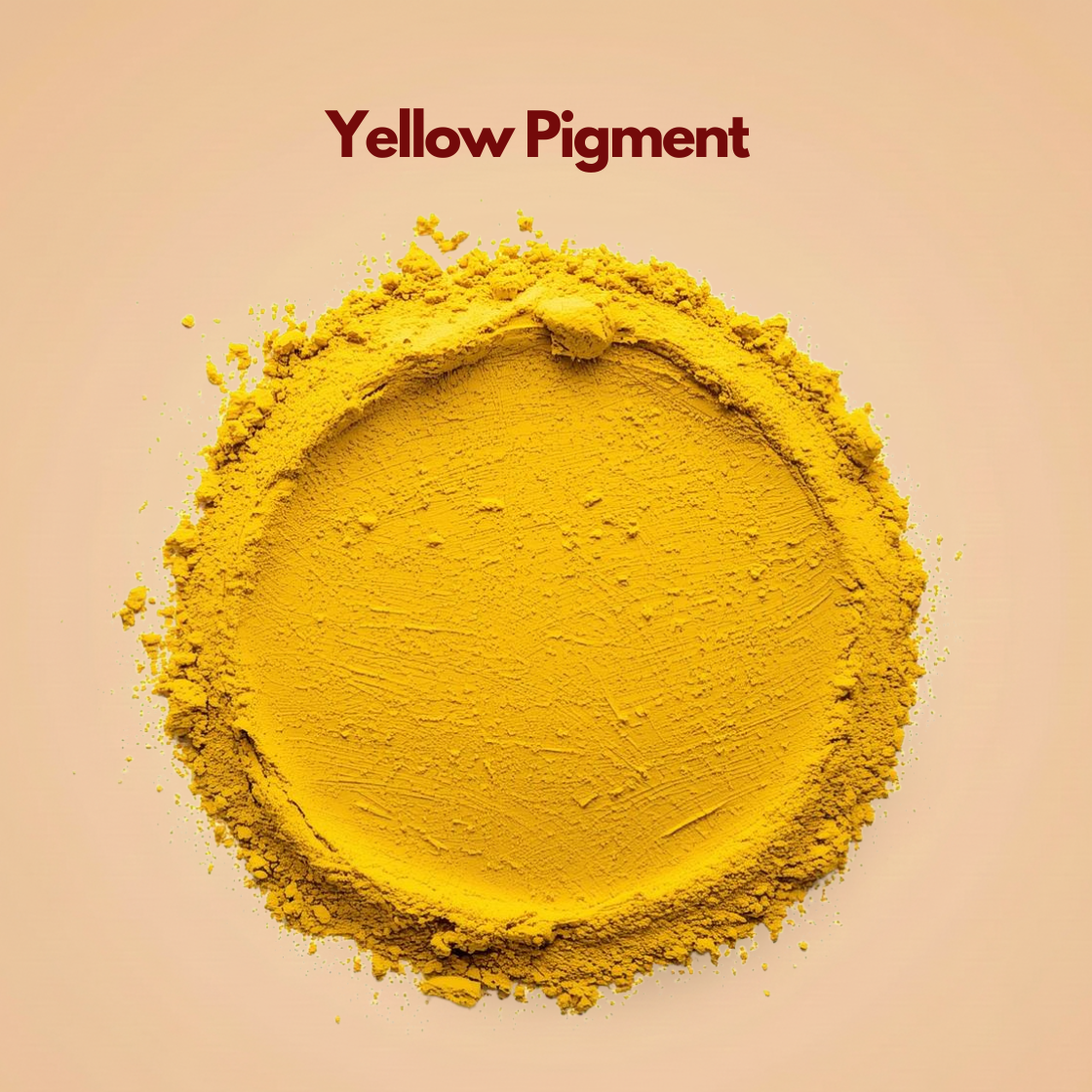 Circular spread of bright yellow pigment powder arranged in a flat pressed layer with loose particles scattered around the edges. The texture appears ultra fine and vibrant with a smooth central surface. This cosmetic pigment powder is ideal for makeup and color cosmetic formulations.