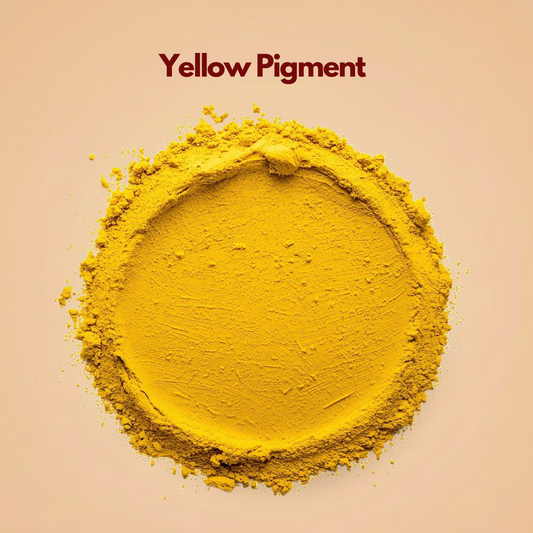 Circular spread of bright yellow pigment powder arranged in a flat pressed layer with loose particles scattered around the edges. The texture appears ultra fine and vibrant with a smooth central surface. This cosmetic pigment powder is ideal for makeup and color cosmetic formulations.