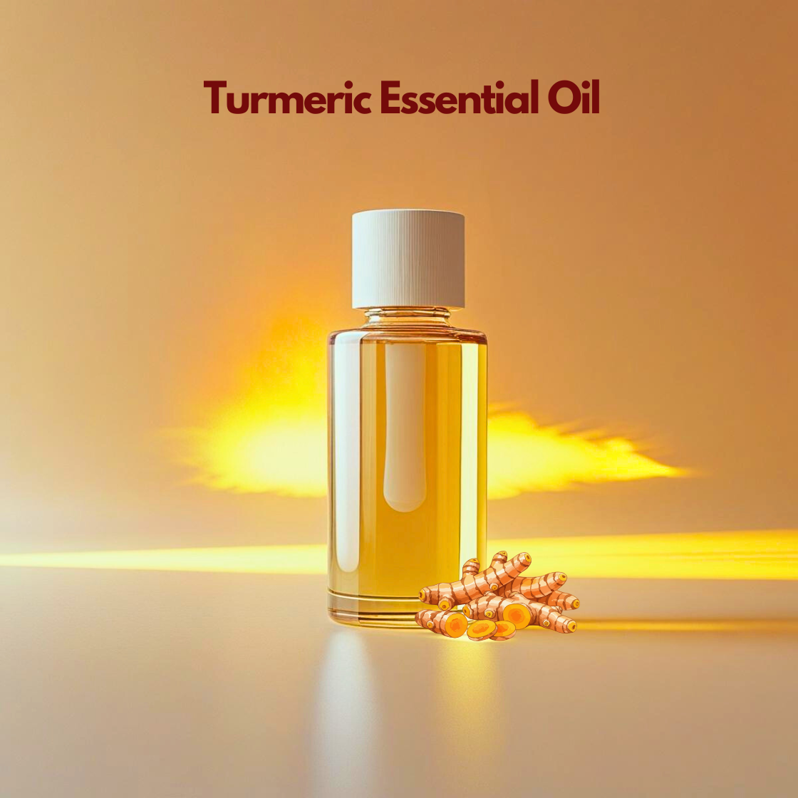 Cosmetic grade Turmeric Essential Oil in a clear glass bottle with turmeric roots, commonly used in skincare and personal care formulations for herbal aromatic blends.