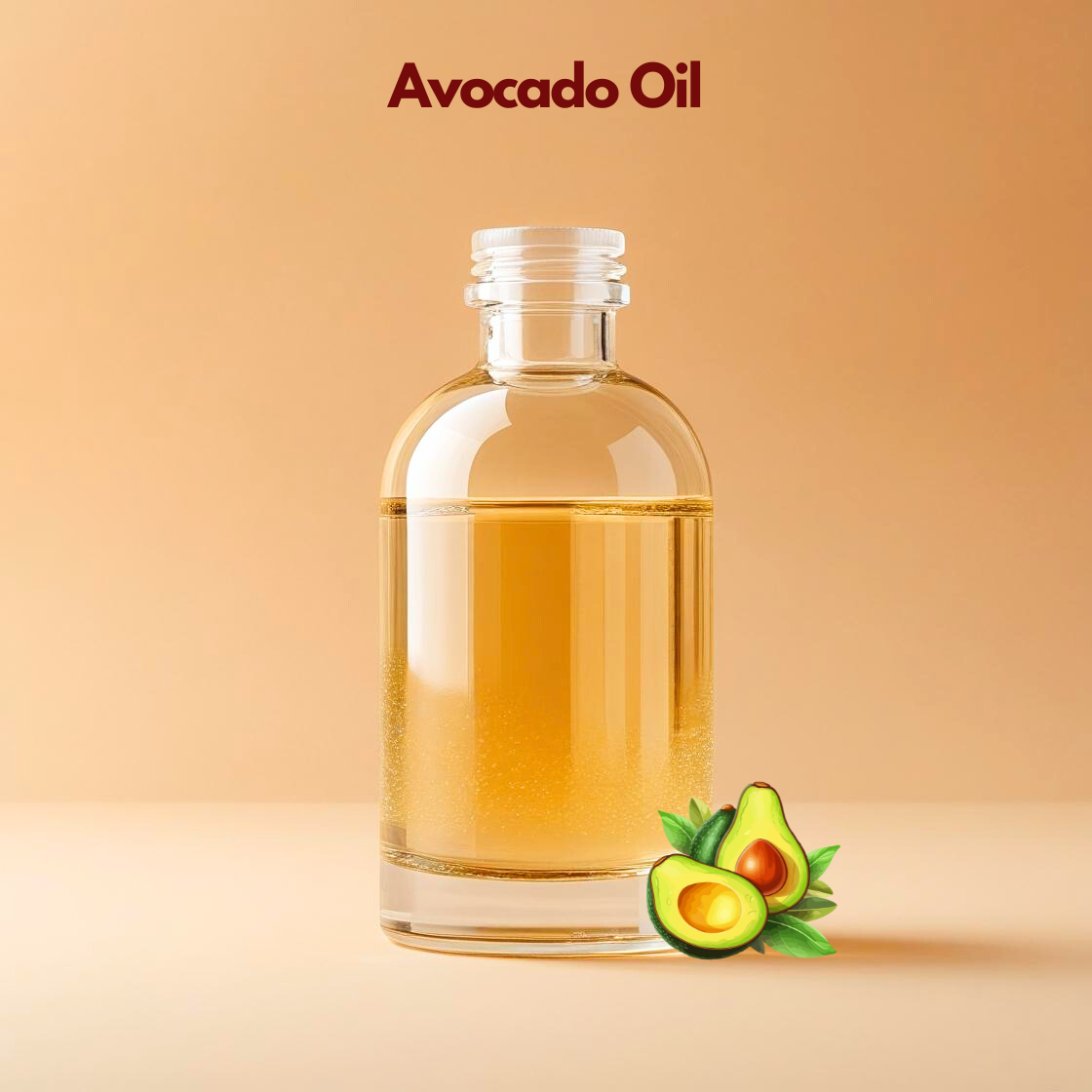 Cold pressed avocado oil in glass bottle with fresh avocado, nutrient-rich carrier oil from our carrier oil collection for moisturizing creams, body butters and haircare products.