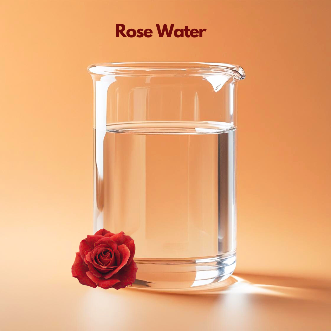 Transparent glass beaker filled with clear liquid labeled "Rose Water" placed on a warm orange background with a red rose beside the container. Rose water is a natural floral water, widely used in skincare formulations as a toner soothing ingredient and skin refreshing mist.