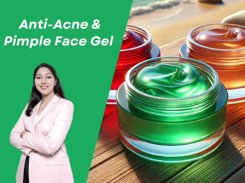  A vibrant graphic featuring three translucent jars of face gel in bright red, orange, and emerald green. The green gel jar is in focus, showing a smooth, jelly like texture. A professional formulator stands on the left against a solid green background. The text "Anti-Acne & Pimple Face Gel" is featured at the top.