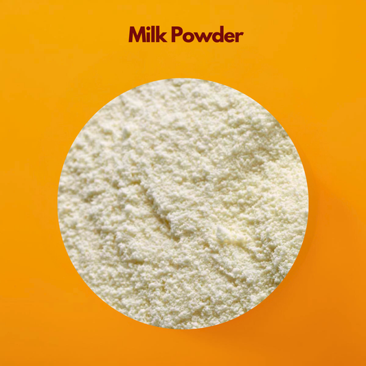 Circular close up image of fine off white milk powder labeled Milk Powder displayed against a bright orange background. Milk powder is a natural cosmetic ingredient commonly used in skincare formulations face masks and bath products for nourishment and gentle exfoliation.