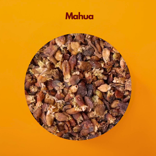 Close up of dried Mahua flowers in a circular frame against an orange background. The brown petals are textured and rustic, evoking an earthy feel.