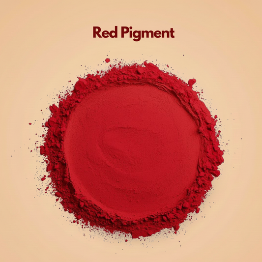 Circular arrangement of bright red pigment powder with a smooth pressed center and loose powder fragments around the perimeter. The color appears bold and highly saturated with a fine cosmetic grade texture. This red pigment powder is suitable for lipstick, blush and handmade cosmetic products.