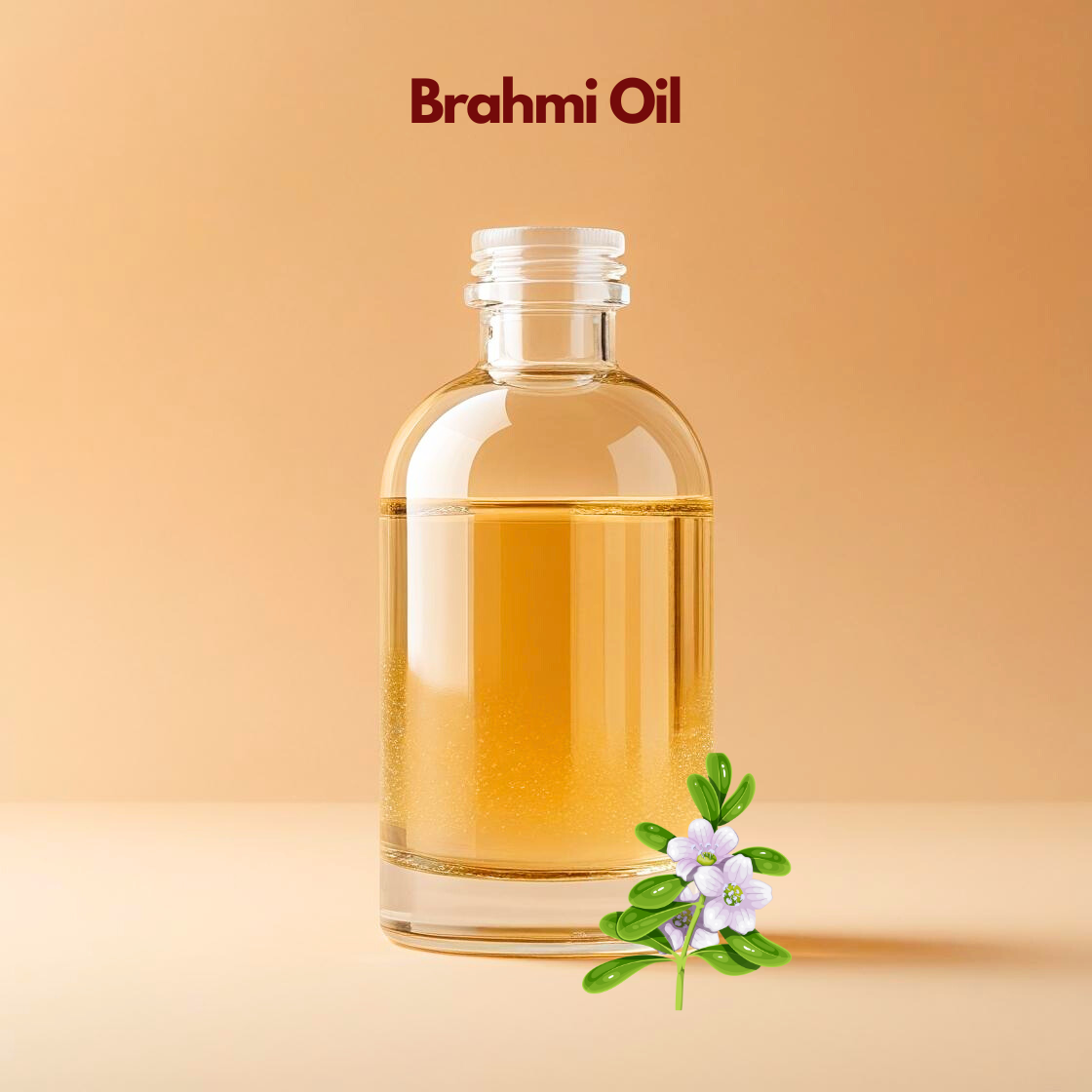  Brahmi infused oil in clear glass bottle with brahmi flowers, herbal carrier oil from our carrier oil collection used in haircare oils, scalp treatments and cosmetic products.
