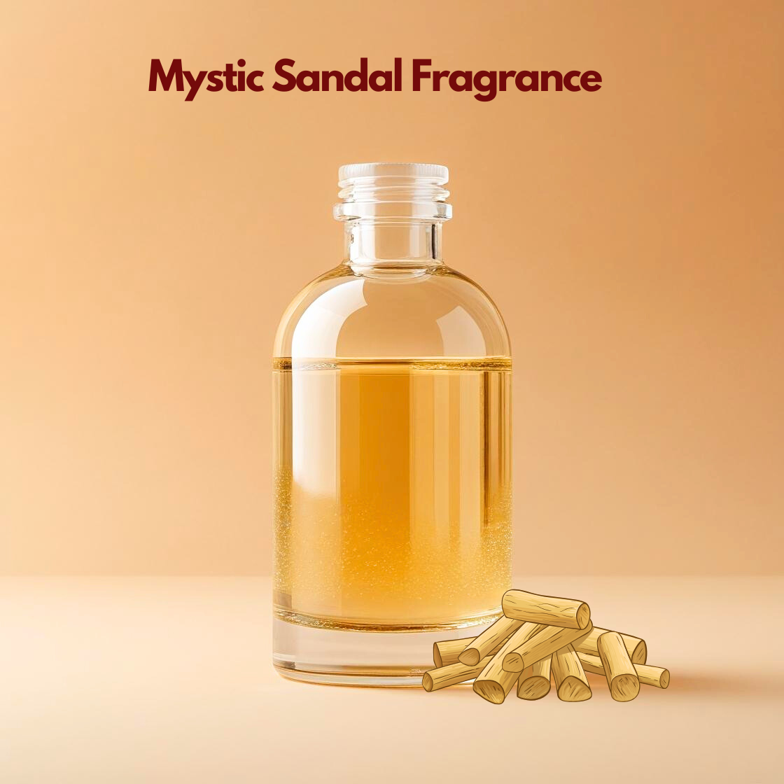 Clear glass bottle filled with golden oil labeled Mystic Sandal Fragrance displayed on a warm beige background with sandalwood sticks placed at the base. This oil soluble sandalwood fragrance oil is ideal for soaps, candles, attars, and cosmetic formulations, offering a rich woody aroma that adds depth and long lasting warmth to personal care products.