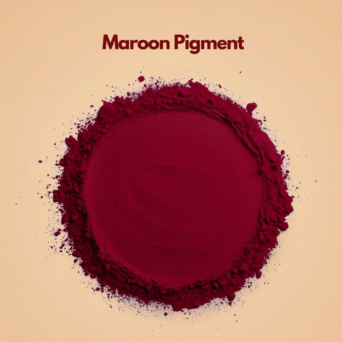 Round formation of deep maroon pigment powder with a dense matte center and softly scattered loose particles along the outer ring. The surface appears finely milled with a bold wine toned intensity. This maroon cosmetic pigment powder is used in lipstick, eye shadow and professional makeup formulations.