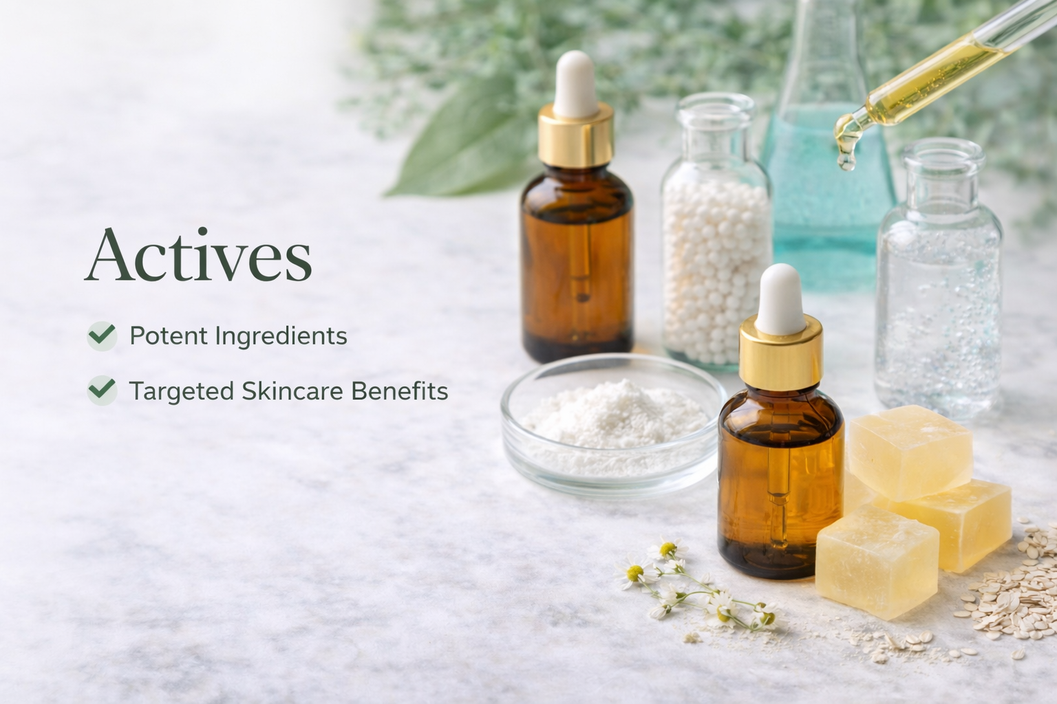 Skincare products including bottles, droppers, and soap on a textured surface with text about potent ingredients and skincare benefits.