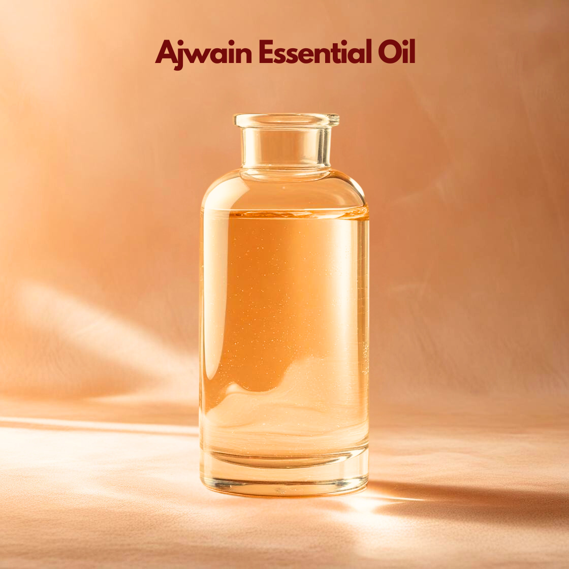 Cosmetic grade Ajwain Essential Oil in a transparent glass bottle, used in personal care and aromatic formulation applications requiring a strong herbal profile.