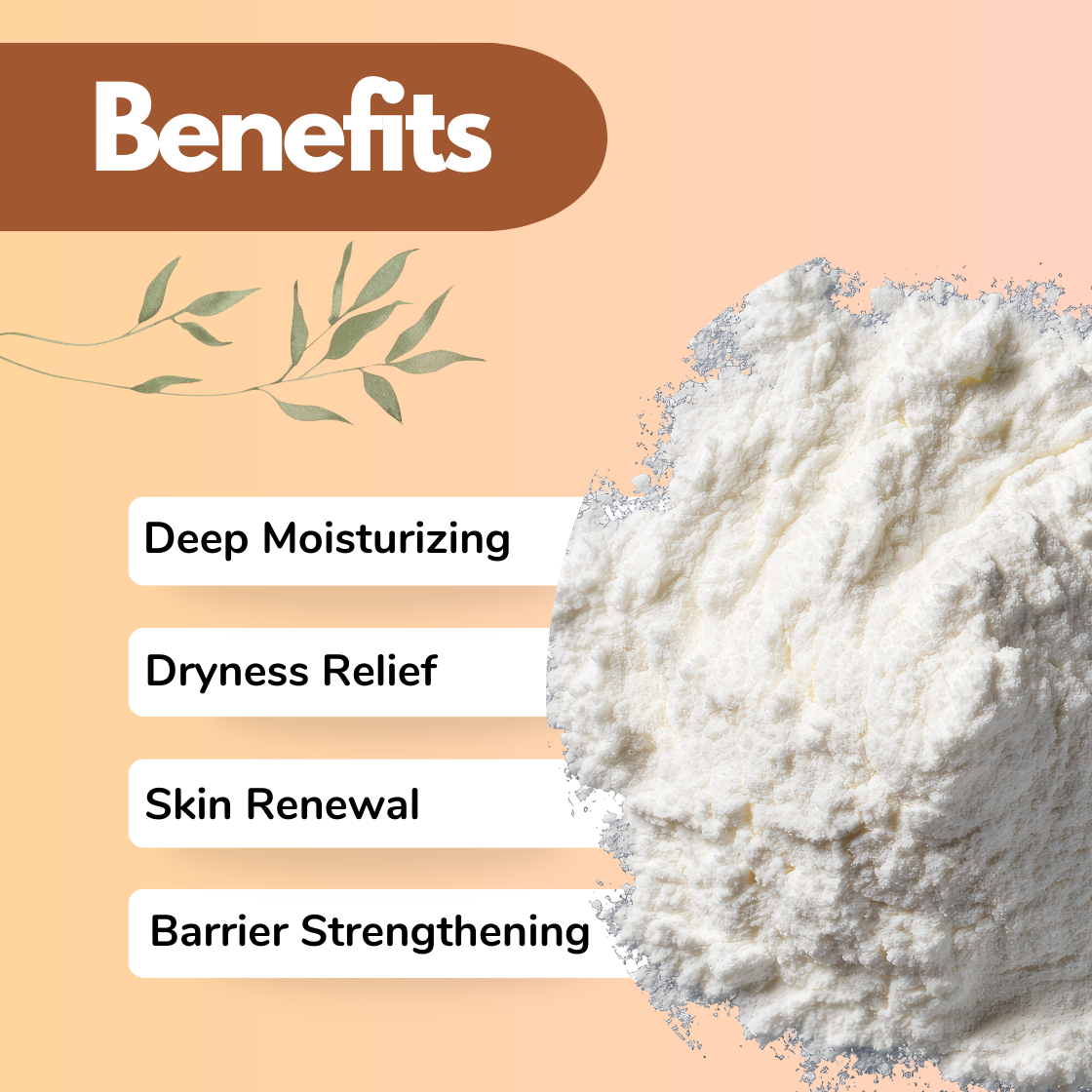  Infographic showing white "Allantoin" powder used in skincare and personal care formulations. The graphic highlights benefits including deep moisturizing, dryness relief, skin renewal and skin barrier strengthening. This cosmetic formulation raw material is commonly used by cosmetic manufacturers in moisturizers, creams, lotions and hydrating skincare products.