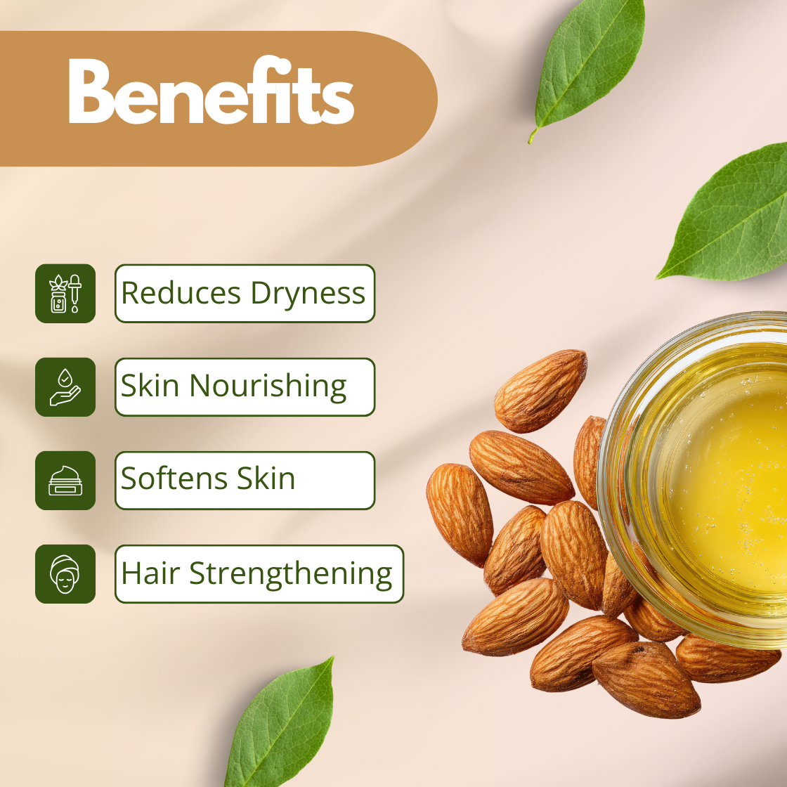 Pure cold pressed almond oil with whole almonds and golden oil in glass bowl, ideal carrier oil for skincare, haircare, serums, creams and DIY cosmetic formulations.