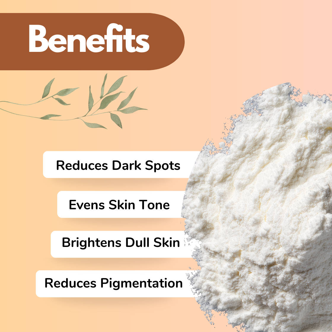 Aesthetic image of skin benefits of Alpha Arbutin  with a beige background featuring a brown 'Benefits' header, a leafy design, and a white powder. Text highlights benefits: reducing dark spots, evening skin tone, brightening dull skin, and reducing pigmentation.