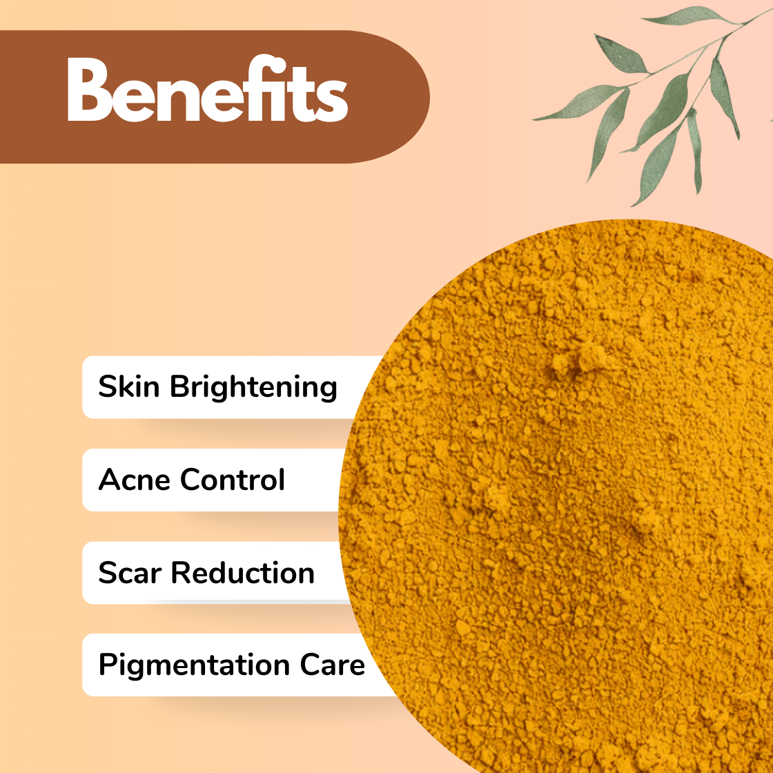 Amba Haldi Herbal powder benefits graphic displaying bright yellow finely ground botanical powder in circular crop with benefit labels Skin Brightening, Acne Control, Scar Reduction, and Pigmentation Care. Natural Ayurvedic powder for face masks and skincare treatments targeting acne-prone and uneven skin tone.