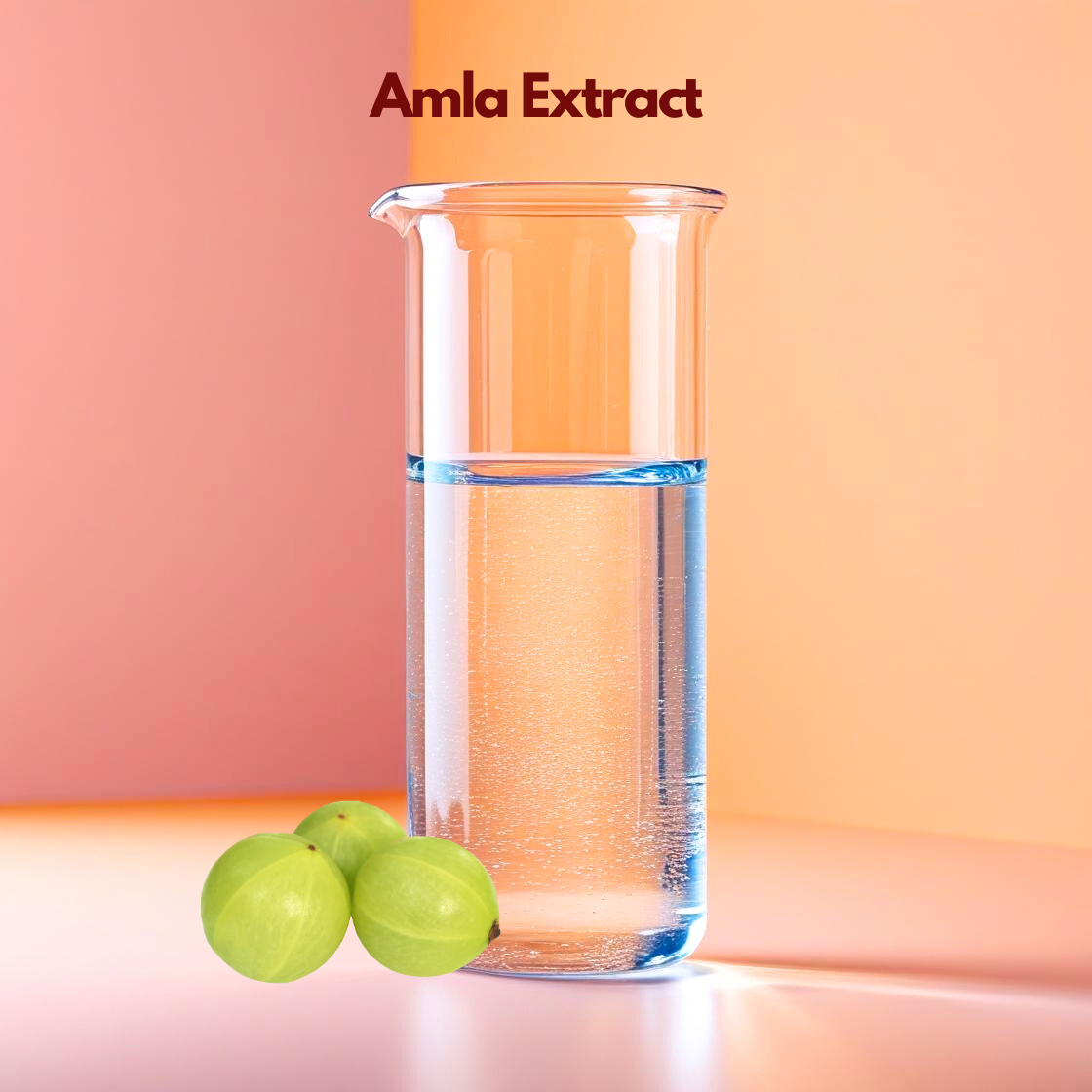 A tall glass beaker filled halfway with clear liquid stands against a soft peach and pink gradient background with the title “Amla Extract.” Two fresh green amla fruits rest at the bottom. This botanical extract is widely used in skincare and haircare products for antioxidant support, strengthening and hydration.